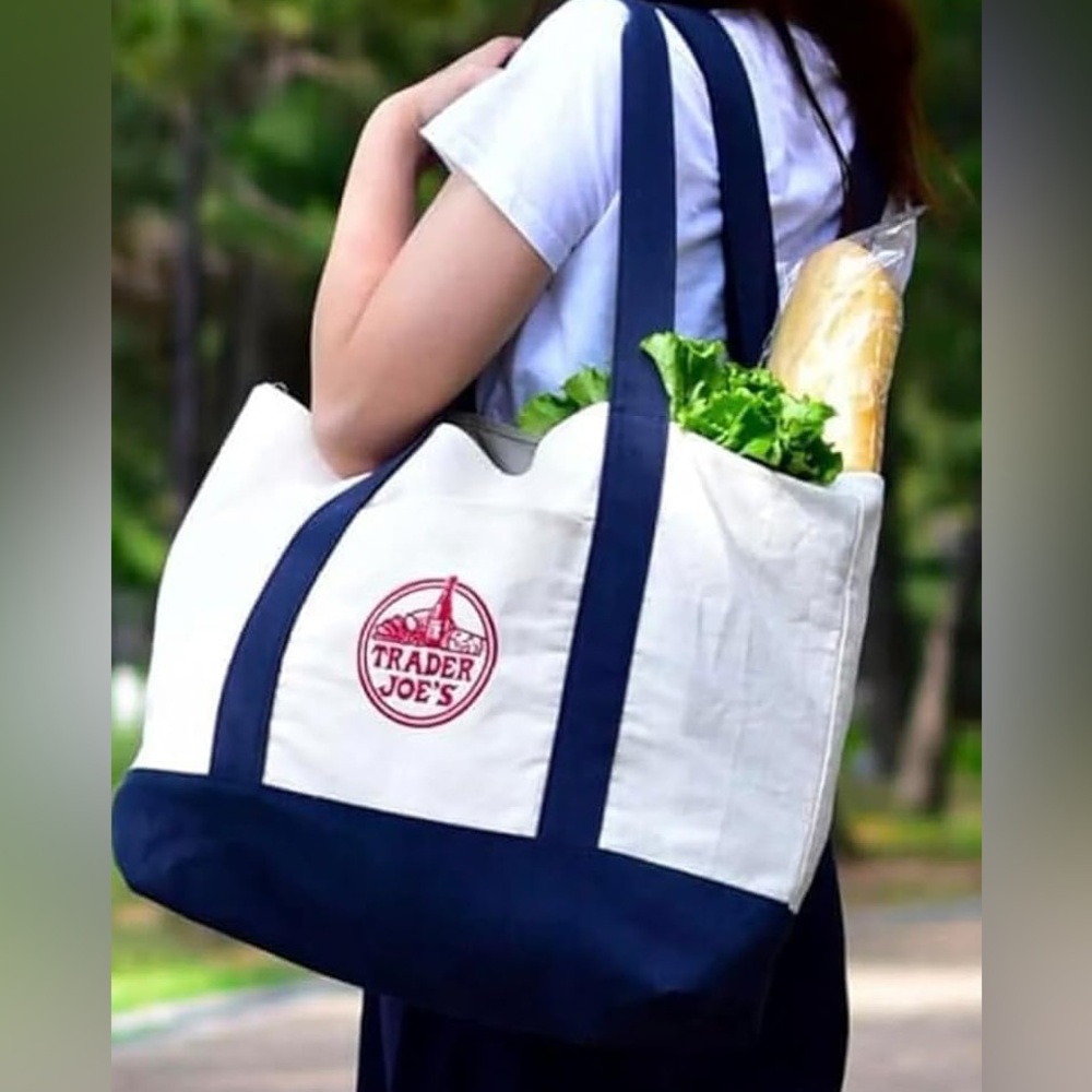 Trader Joe’s large Canvas Tote Bag Blue NEW - Picture 2 of 9